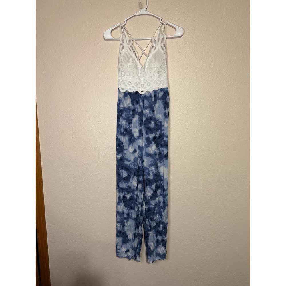 Vine and Valley Blue Tie Dye Lace Bodice Jumpsuit Small Boho Wide Leg Crisscross